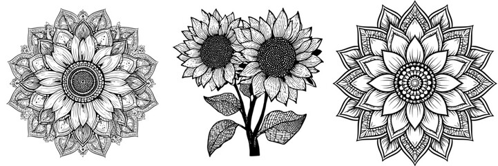 This coloring book features black and white sunflower drawings isolated on a white background, suitable for creating a zen atmosphere for kids and adults alike