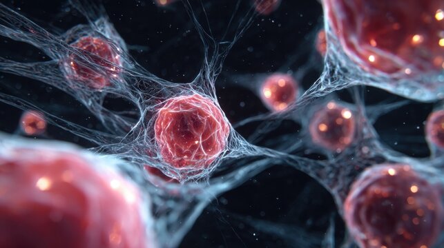 Conceptual image depicting the cellular breakdown and fatty replacement characteristic of Duchenne muscular dystrophy in affected muscles.