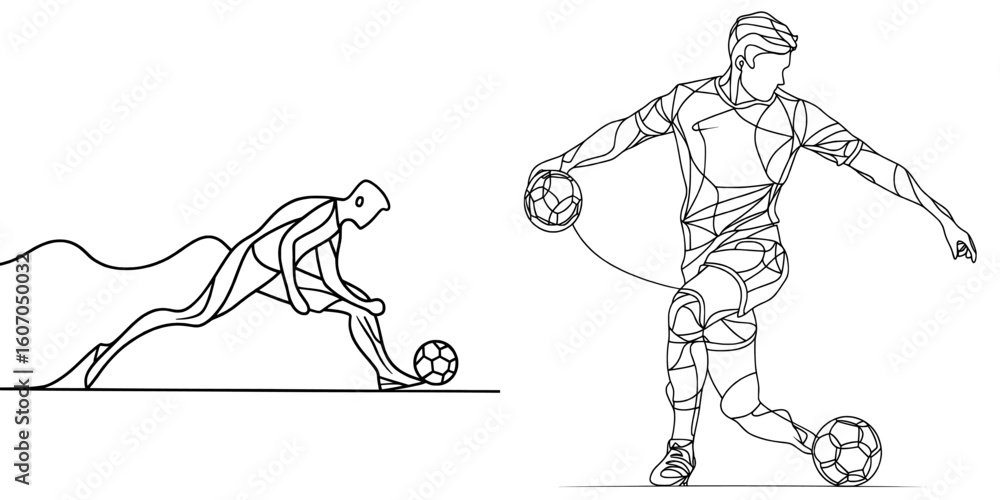 Poster a soccer game is illustrated through a black linear sketch of a football player in continuous line a