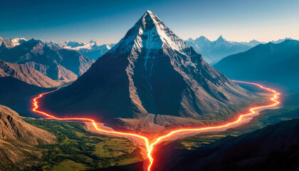A majestic mountain surrounded by a glowing river of lava creates a dramatic and surreal landscape. 