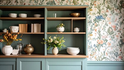 Elevate your designs with this charming vintage cabinet and floral wallpaper scene for a warm inviting feeling