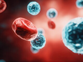 Microscopic view of red blue cells in abstract background