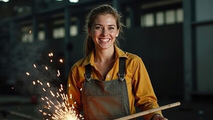 Female blacksmith smiling while working