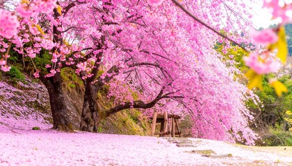 Enchanting pink cherry blossom trees create a romantic spring landscape perfect for travel or lifestyle content