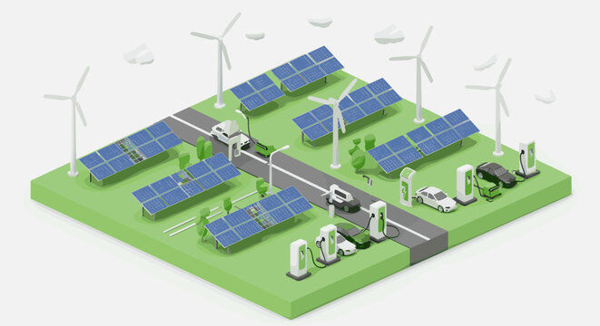 Sustainable energy park with solar panels and wind turbines in isometr