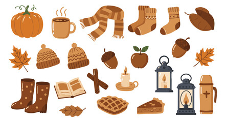 Cozy autumn flat vector icon set, 15 warm elements