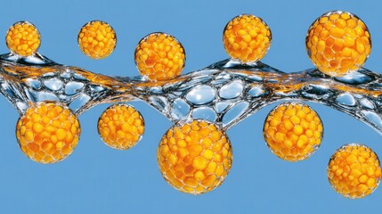Orange spheres floating in translucent liquid blue background