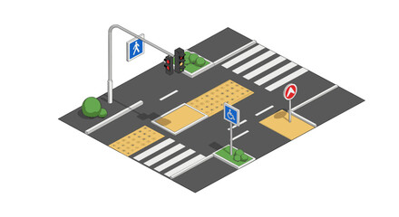 Isometric city intersection with traffic signals and walkways