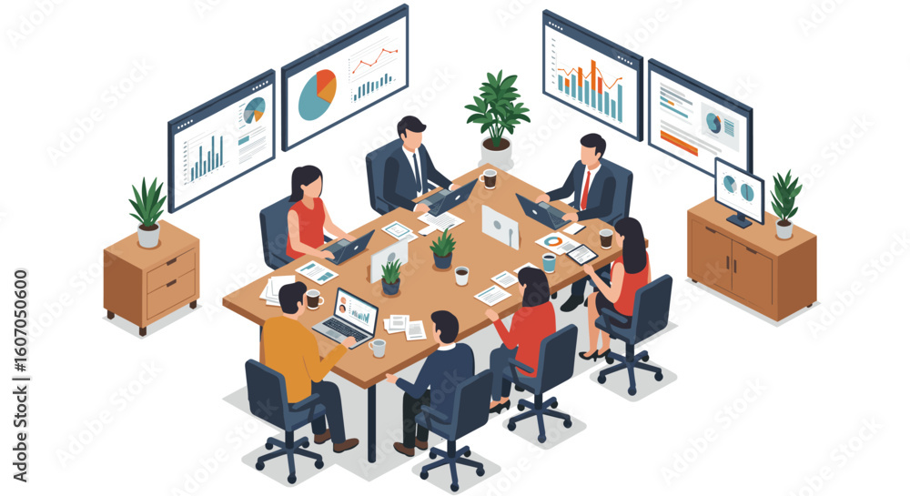 Poster isometric business meeting with team analyzing data on laptops and scr