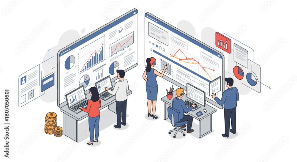 Poster team analyzing financial data with charts and graphs in modern office