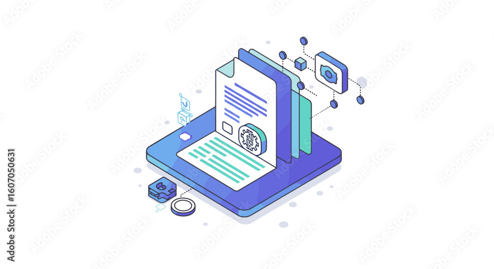 Poster isometric digital transformation concept with documents and data visua