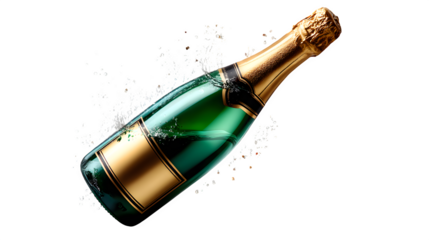 Modern champagne bottle popping, isolated on transparent background