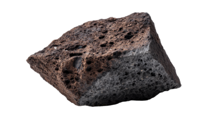 Spinning dark volcanic stone with rugged surface, featuring porous texture and uneven contours against transparent backdrop, ideal for graphic design and visual composition