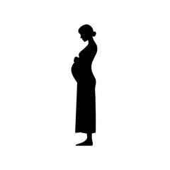 This modern illustration features a flat design of a pregnant woman represented by a silhouette icon