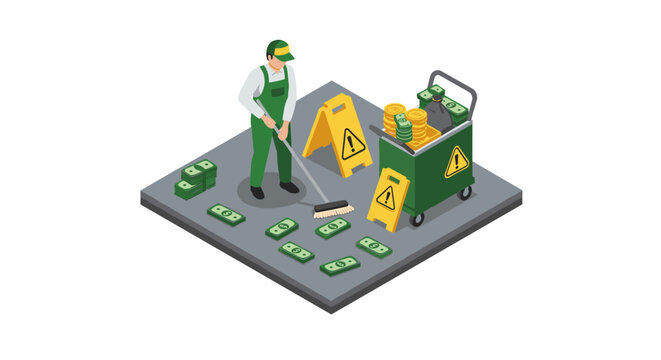Isometric worker cleaning money surrounded by cash and warning signs