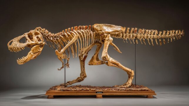 Detailed Tyrannosaurus Rex skeleton mounted on a wooden base against a neutral background