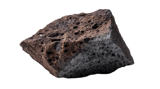 Spinning dark volcanic stone with rugged surface, featuring porous texture and uneven contours against transparent backdrop, ideal for graphic design and visual composition