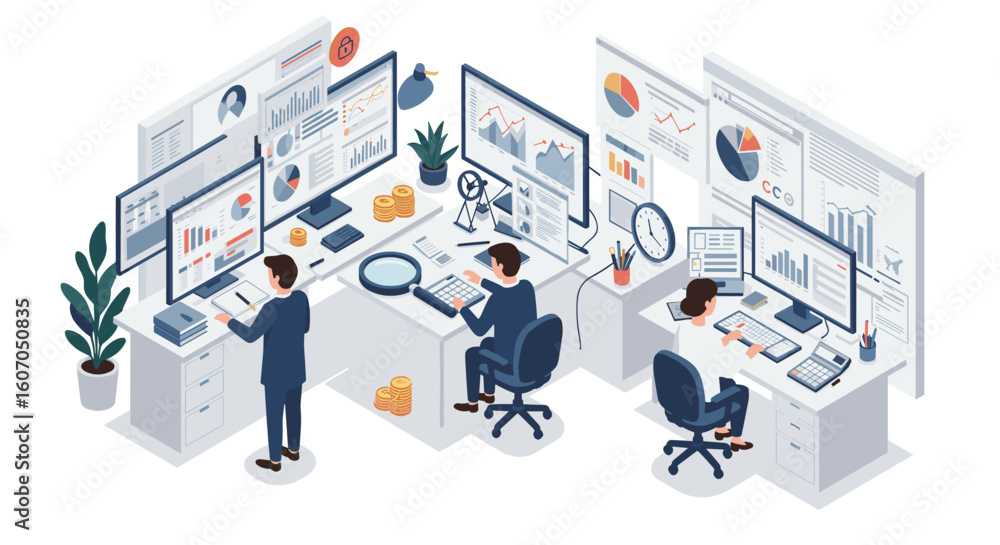 Aufkleber modern office workspace with data analysis and collaboration in isomet