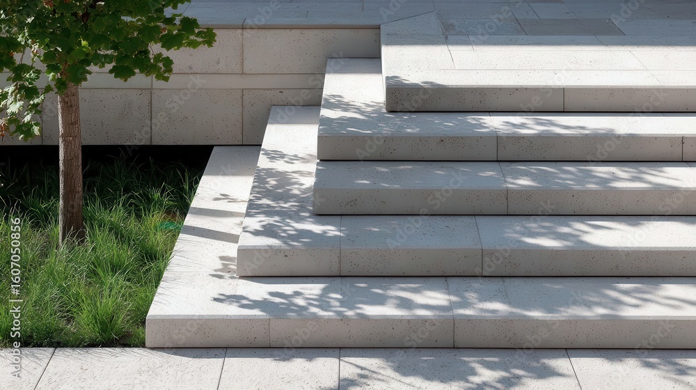Poster bright sunlight filtering through leafy branches, creating delicate shadow patterns across sleek con