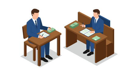 Businessmen in formal workplace setting with money exchange in isometr