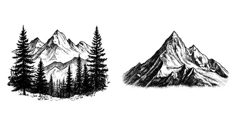 Modern illustration of a black and white landscape sketch featuring glacier mountains and hills in a graphic style