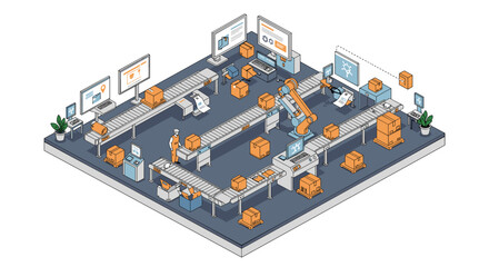 Obraz premium Automated warehouse with robotic arm and conveyor belts in isometric s