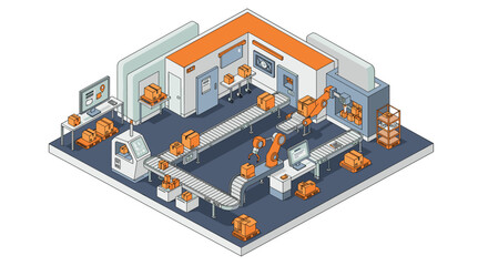Obraz premium Isometric warehouse automation with conveyor belts and robotic arms