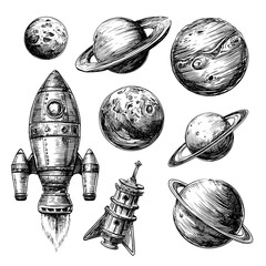 This illustration set offers a range of space-themed doodles, including astrology sketches, planetary drawings, and hand-drawn cosmic rockets in a modern style