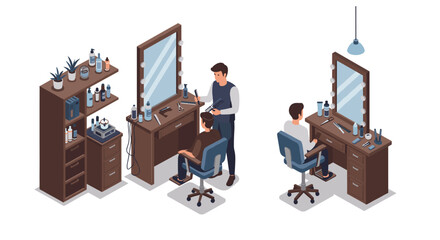 Isometric barber shop scene with haircut styling and grooming essentia