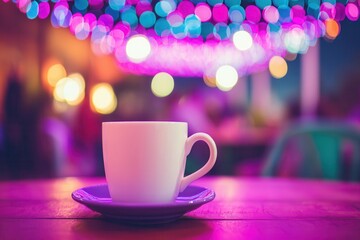 Coffee cup with colorful bokeh lights in background