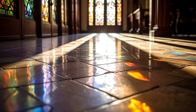 Sunlight streams through stained glass, creating vibrant patterns on the floor in a beautiful building