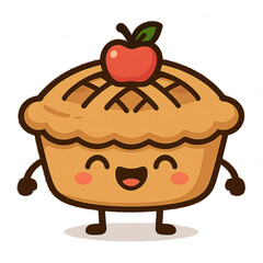A delicious-looking cartoon pie with a golden crust, an apple on top, and a happy face, isolated on a clean background.