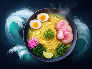 Ramen bowl with ocean waves artfully blended