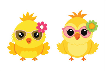 Fototapeta premium Cute cartoon chicks wearing sunglasses and flowers, isolated on a white background