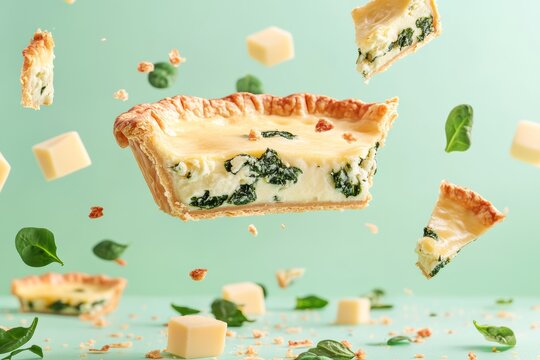 Floating spinach quiche with cheese on green background