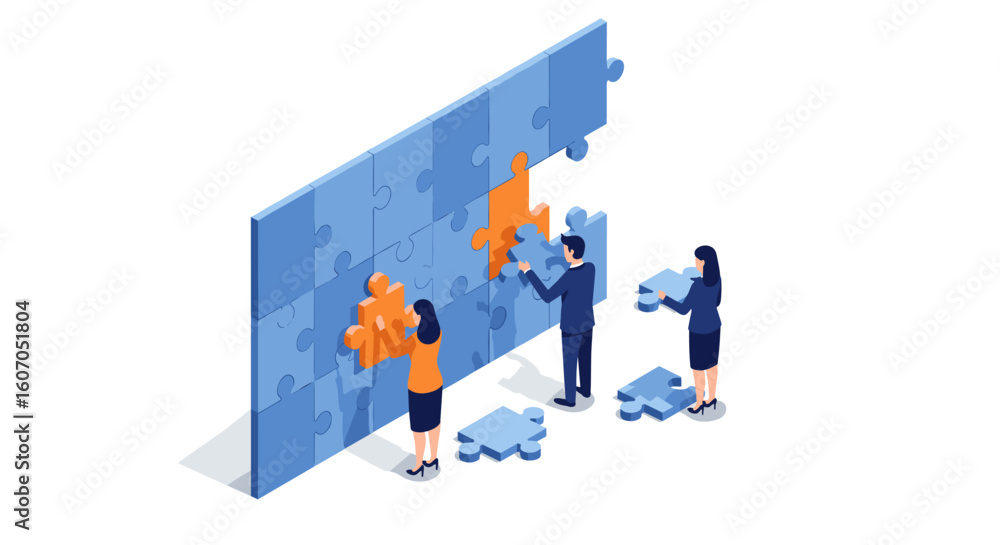Poster collaborative teamwork concept with people solving puzzle together in