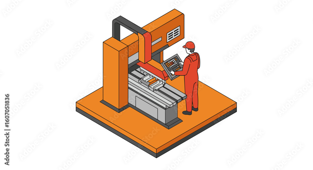 Aufkleber isometric factory worker operating advanced cnc machine in manufacturi