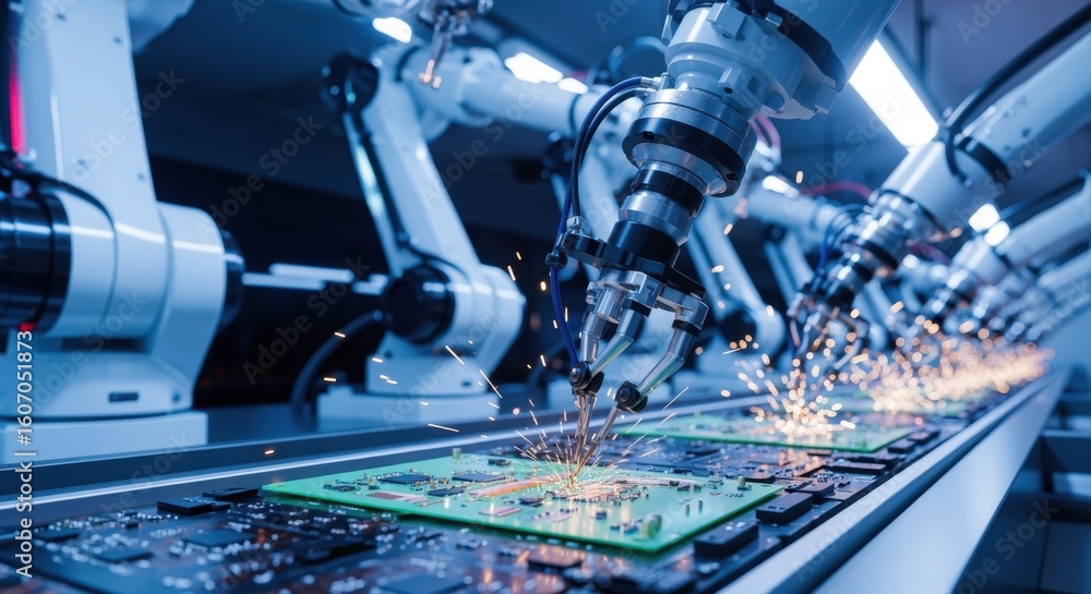 Aufkleber hightech production line with robotic arms working on circuit board assembly.