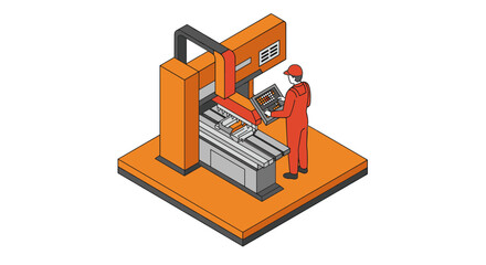 Isometric factory worker operating advanced cnc machine in manufacturi