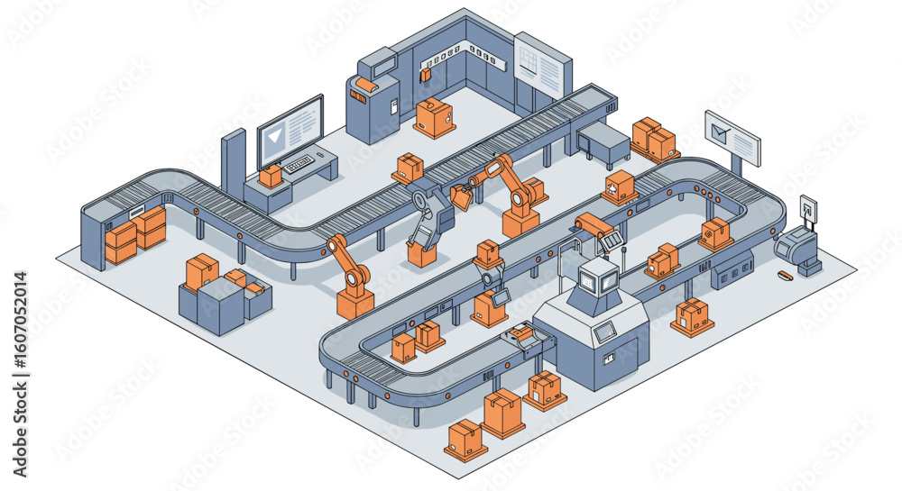 Poster automated factory with robotic arms and conveyor belts in isometric vi
