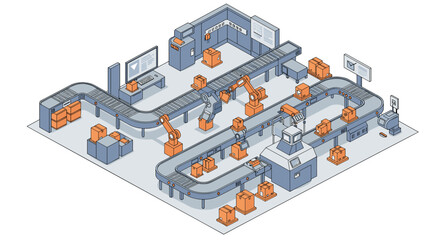 Obraz premium Automated factory with robotic arms and conveyor belts in isometric vi