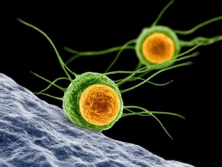 Microscopic view of green algae species with flagella showcasing intricate cellular structures