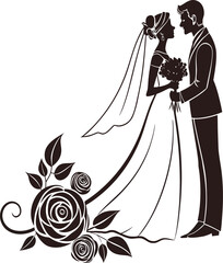 Elegant Wedding Couple Silhouette – Classic Black and White Bridal Illustration with Bouquet