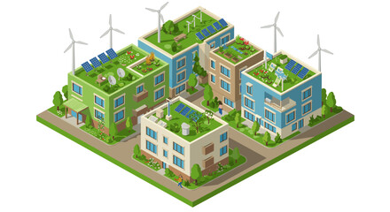 Sustainable urban living isometric design featuring eco-friendly apart