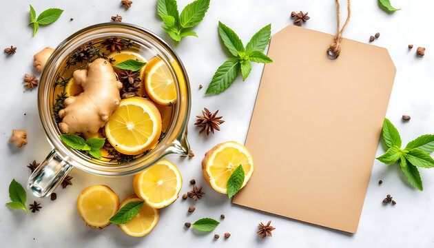 Glass teapot of ginger lemon tea with mint and spices on light background with blank tag for text
