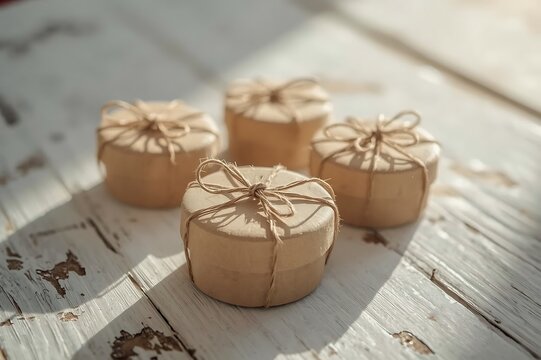 Four small round gifts wrapped in rustic brown paper tied with twine on a light wooden surface with natural sunlight casting shadows