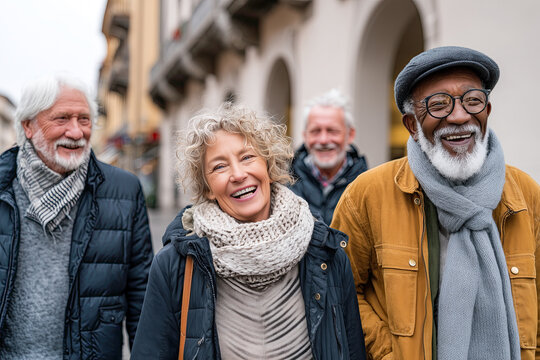 Happy group of senior people walking outdoors