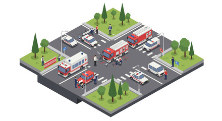 Isometric urban intersection with emergency vehicles and pedestrians