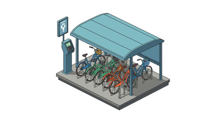Bicycle rental station isometric design with payment terminal and mult