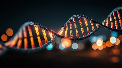 Colorful DNA helix against a blurred urban background at night